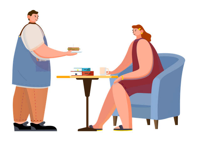 Cafe barista giving sandwich to woman at cafe  Illustration