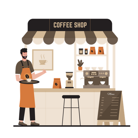 Barista de café servindo café quente  Ilustração