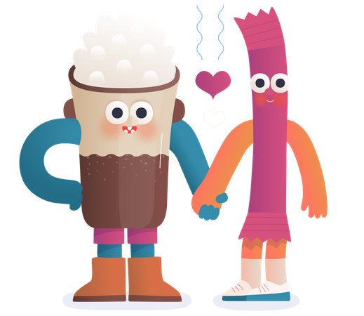 Cappuccino au café et un bâton de sucre amoureux  Illustration