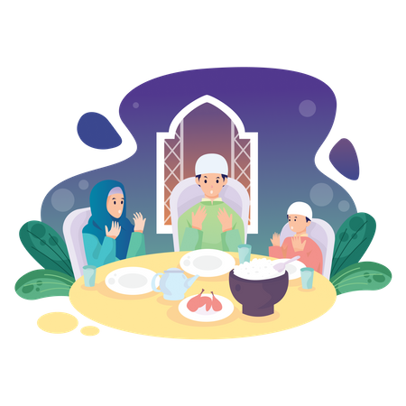 Família muçulmana tomando café da manhã  Ilustração