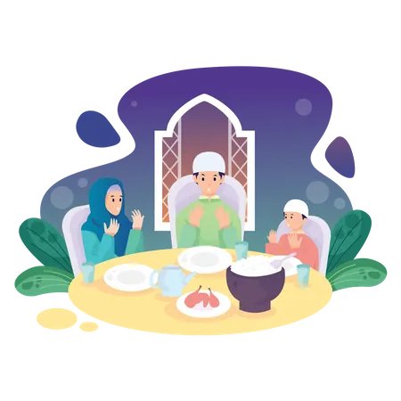 Família muçulmana tomando café da manhã  Ilustração
