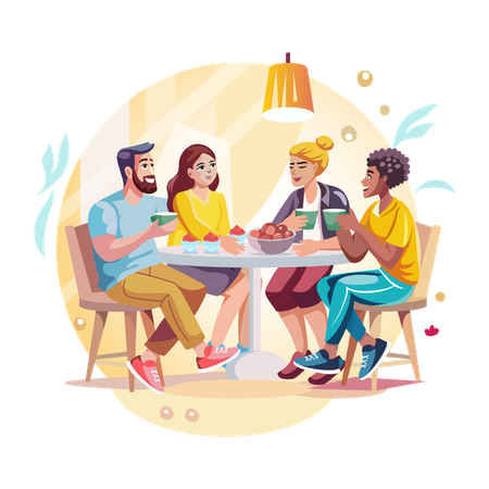 Cafe friends enjoying desserts and drinks  Illustration