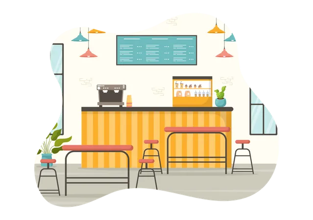 Cafe Vector Illustration Of Interior With Bar Stand Table And Armchairs In Flat Cartoon Hand Drawn Landing Page Restaurant Background Templates 일러스트레이션