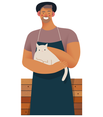 Cafe Owner holding cat in hand Illustration