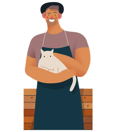 Cat Cafe Small Business Owners Graphics Owner With A Cat Modern Flat Vector Concept Illustrations Young Man Wearing Apron And Hat Petting White Cat Standing At The Wooden Counter Cafe Logo Illustration