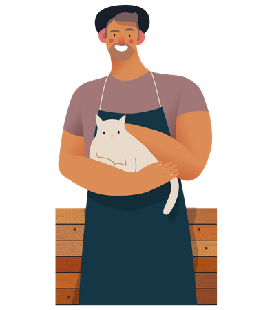 Cafe Owner holding cat in hand  Illustration