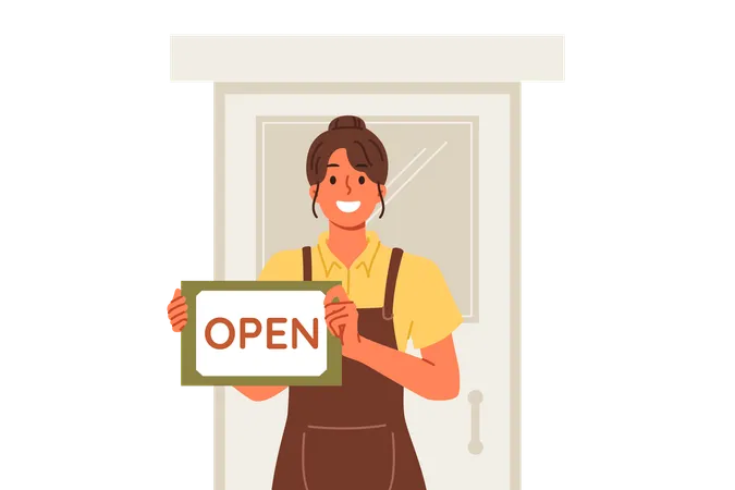Cafe owner stands with open signboard  Illustration