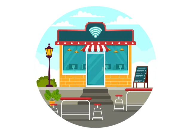 Cafe provides internet access  イラスト