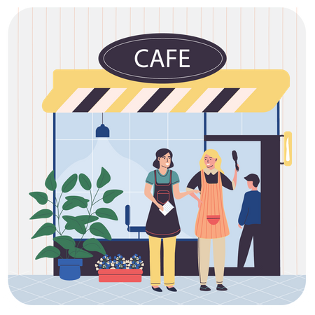 Serveuse de café debout à l'extérieur du café  Illustration