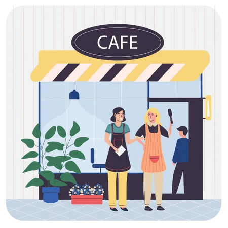 Serveuse de café debout à l'extérieur du café  Illustration