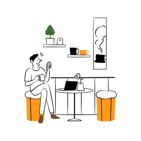 Cafe Solo Man on Phone with Coffee Cup  Illustration