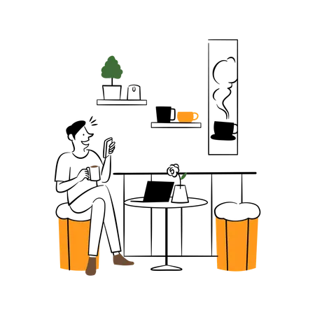 Cafe Solo Man on Phone with Coffee Cup  Illustration