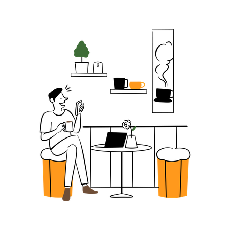 Cafe Solo Mann am Telefon mit Kaffeetasse  Illustration