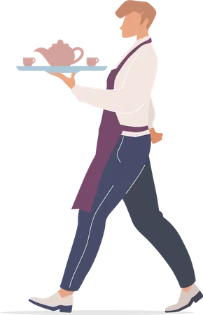 Cafe Waiter Flat Color Vector Faceless Characters Coffeehouse Worker Carrying Tray With Tea Male Coffeeshop Employee Serving Isolated Cartoon Illustration For Web Graphic Design And Animation Illustration