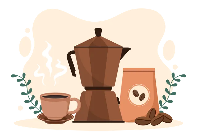 Tetera de café con granos de café  Ilustración