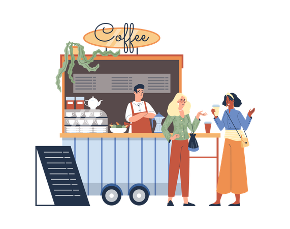 Furgoneta de cafetería callejera sobre ruedas con clientes comprando café  Ilustración