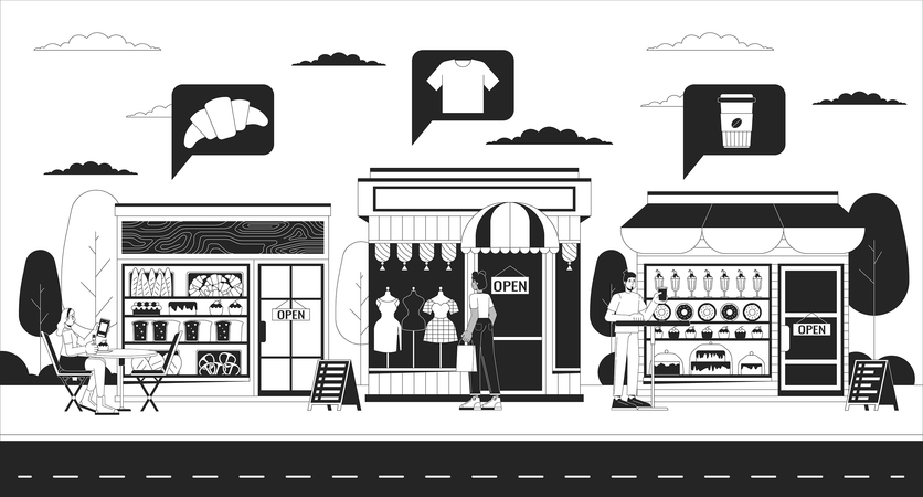 Cafeteria, loja de roupas e padaria na rua  Ilustração