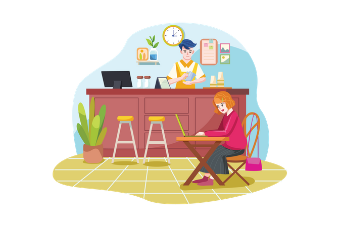 Cafeteria ou café com pessoas sentadas em mesas, tomando café e trabalhando em laptops e barista em pé no balcão  Ilustração