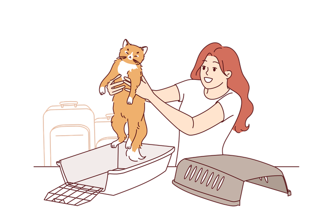 Cage pour animaux pour voyager avec un chat près d'une femme préparant son animal pour le voyage à l'aéroport  Illustration