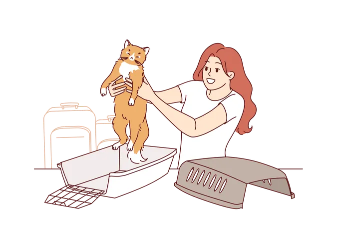 Cage pour animaux pour voyager avec un chat près d'une femme préparant son animal pour le voyage à l'aéroport  Illustration