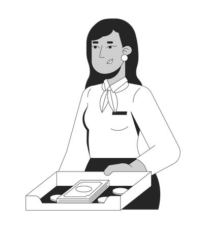 Une caissière de banque indienne souriante tenant un plateau d'argent  Illustration