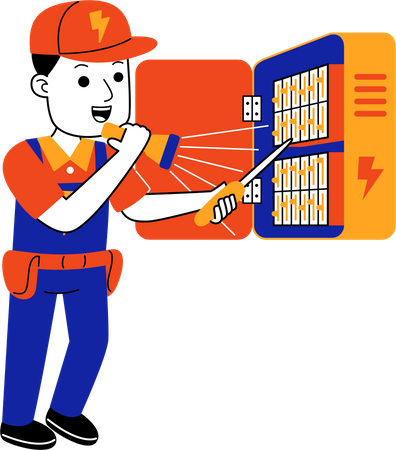 Eletricista masculino verifica caixa de controle elétrico  Ilustração