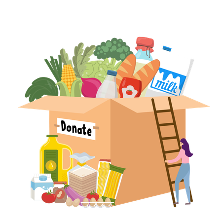 Caixa de Doações com Alimentos e Voluntários  Ilustração