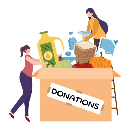 Caixa de doações com alimentos voluntários  Ilustração