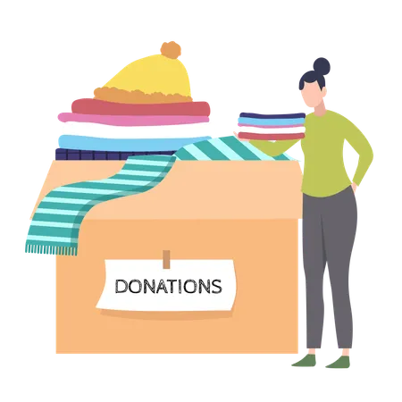 Caixa de doações cheia de roupas e um voluntário adicionando itens  Ilustração