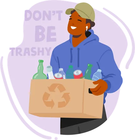 Caixa De Transporte De Personagem Masculino Com Garrafas Para Reciclagem Homem Classificando O Lixo Em Lixeiras Separando Residuos E Reduzindo O Impacto Ambiental Atraves Da Reciclagem De Materiais Ilustra O Vetorial De Pessoas Dos Desenhos Animados Ilustração
