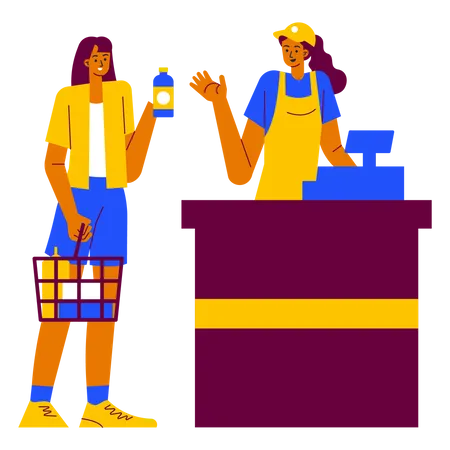 Caixa e comprador no supermercado  Ilustração