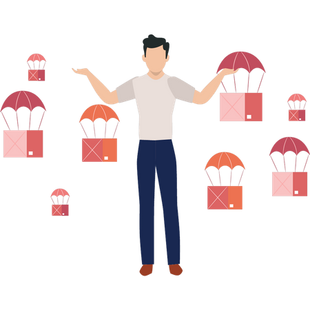 Caixas de doações sendo entregues de pára-quedas  Ilustração