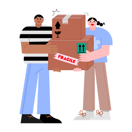 Homem e mulher segurando caixas  Ilustração