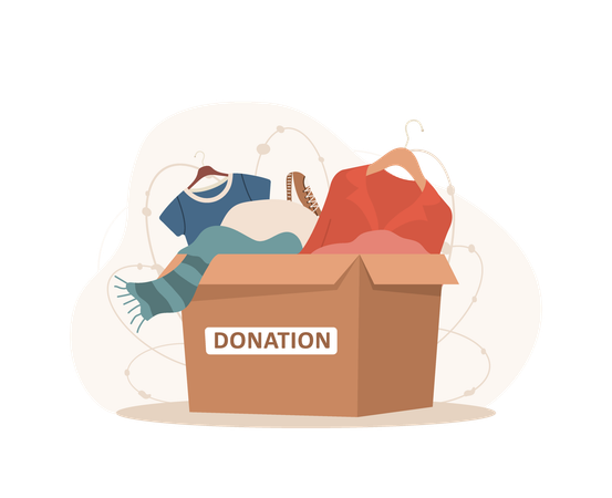 Caja de cartón llena de diferentes cosas para donación de ropa.  Ilustración