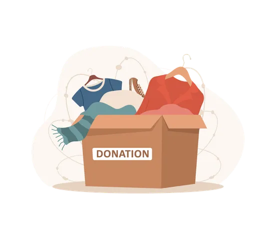 Caja de cartón llena de diferentes cosas para donación de ropa.  Ilustración