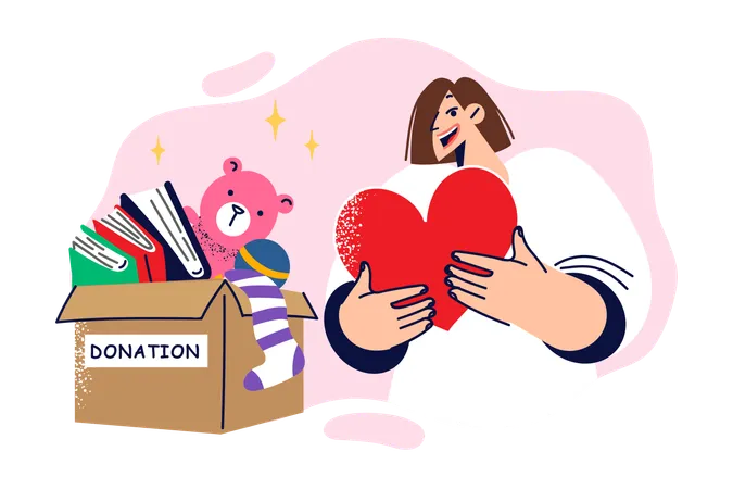 Caja de donaciones con juguetes y libros cerca de una mujer que brinda asistencia caritativa a niños  Ilustración