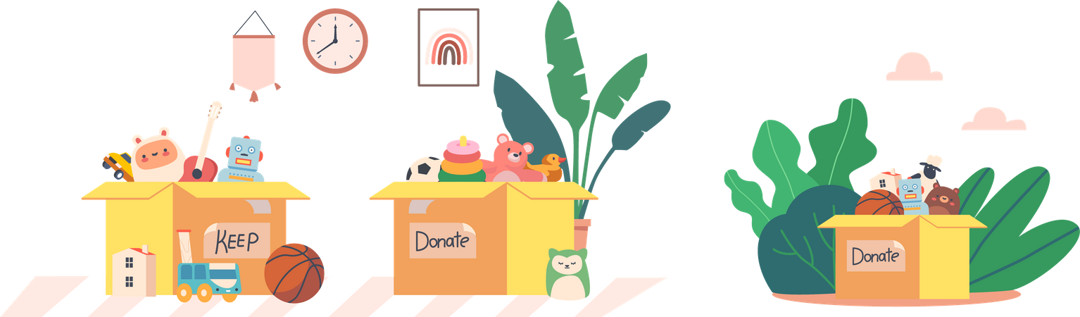 Caja de cartón para donaciones llena de juguetes, libros y dispositivos  Ilustración