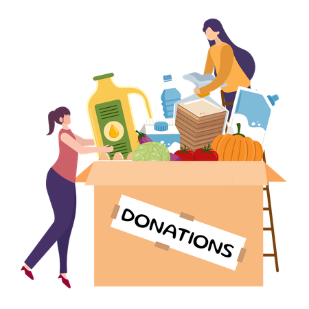 Caja de donaciones con alimentos aportados por voluntarios  Ilustración