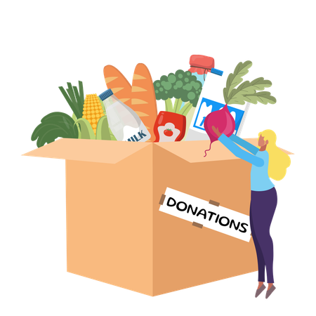 Caja de donaciones llena de alimentos y voluntarios colocando verduras  Ilustración