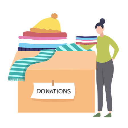 Caja de donaciones llena de ropa y un voluntario agregando artículos  Ilustración