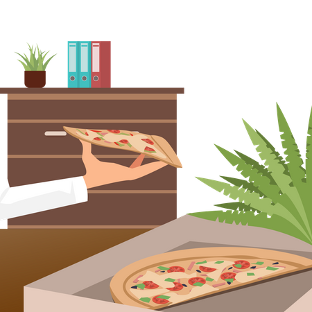 Pizza en caja de entrega en el lugar de trabajo de oficina  Ilustración