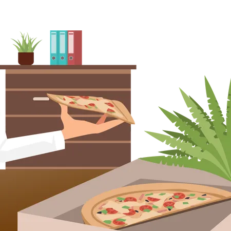 Pizza en caja de entrega en el lugar de trabajo de oficina  Ilustración