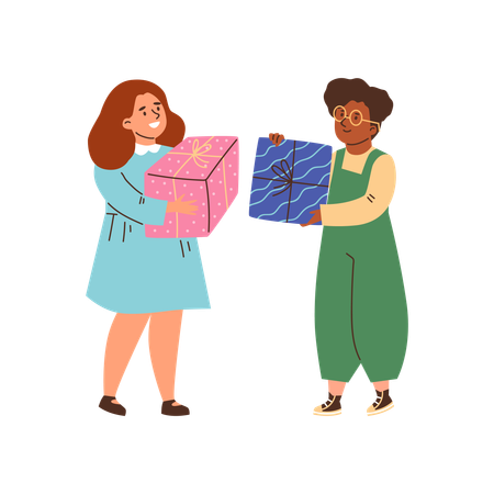 Niños compartiendo caja de regalo  Ilustración