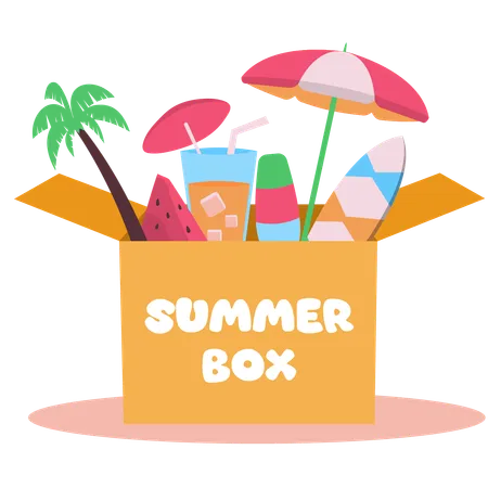 Caja de verano con cosas de verano.  Ilustración