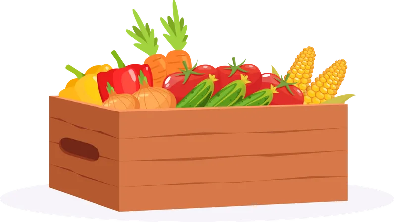 Cosecha En Ataud Verduras Del Mercado De Agricultores Maiz Y Tomates Frescos Ilustración