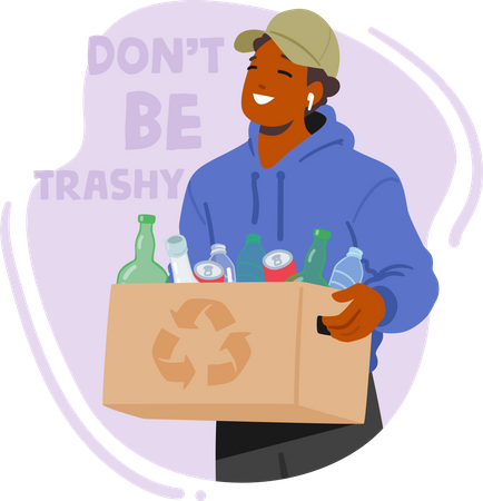 Caja de transporte masculina con botellas para reciclaje.  Ilustración