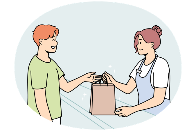 Una cajera sonriente entrega una bolsa de cartón a un cliente masculino feliz en la tienda  Ilustración