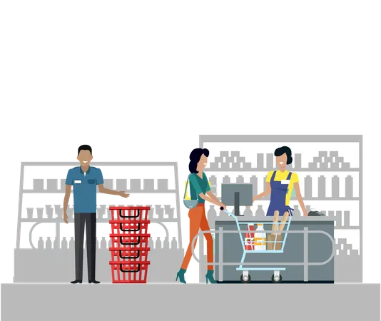 Cajero atiende al cliente en el supermercado  Ilustración