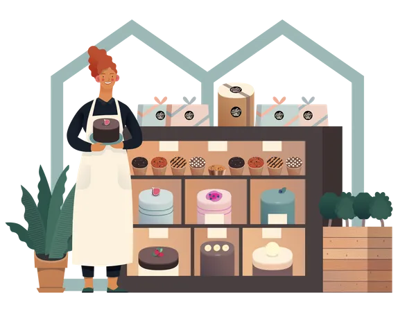 Cake Shop Cakes On Demand Small Business Graphics Owner At The Display Modern Flat Vector Concept Illustrations A Baker At The Display With A Range Of Cakes Pastries Tarts And Cupcakes Illustration
