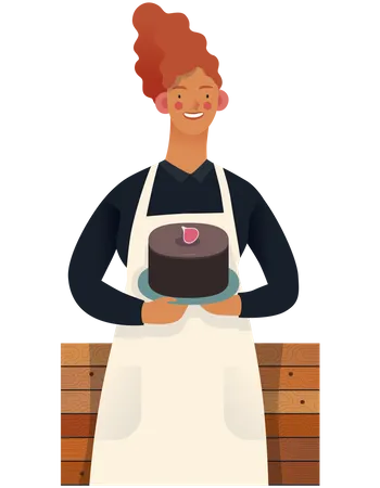 Cake Shop Small Business Owners Graphics Owner With A Chocolate Cake Modern Flat Vector Concept Illustrations Young Woman Wearing White Apron Standing At The Wooden Counter Shop Logo Illustration
